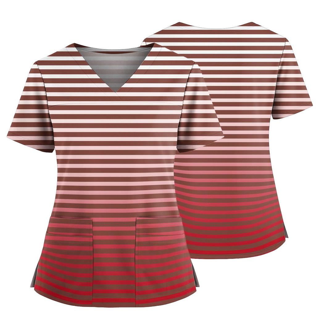 Damski casualowy top z nadrukiem z dekoltem w serek, kieszenią i rozcięciem po bokach, z krótkim rękawem