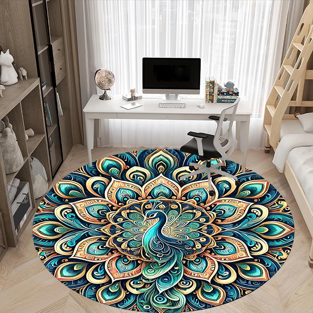 1pc Peacock Mandala Office Round Area Rug, Under Office Chairs Bedroom Living Room Home Decor, Room Deco