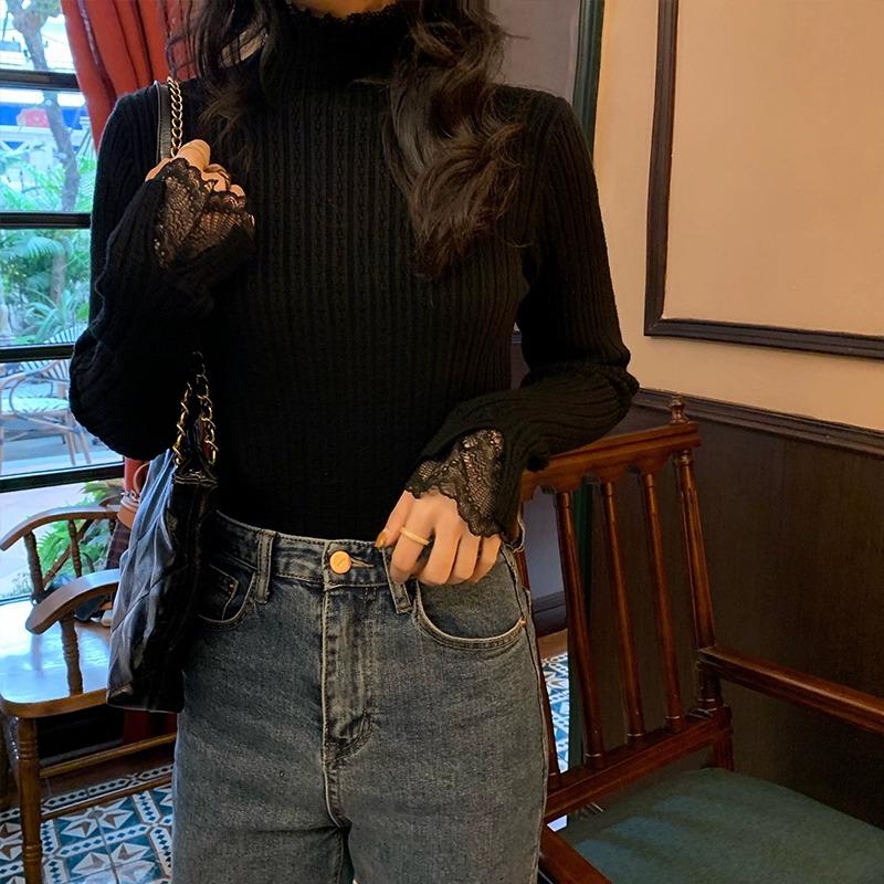 Women Lace Splicing Autumn Winter Sweater Solid Color Ruffled Stand Collar Knit Sweaters Loose Fit Casual Pullover Elegant Fashion Slim Fit Clothing