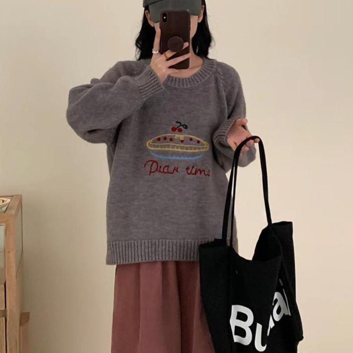 Cute Embroidery Pullover Sweater Women's Autumn and Winter Candy Color Round Neck Loose Knit Sweater Top College Style