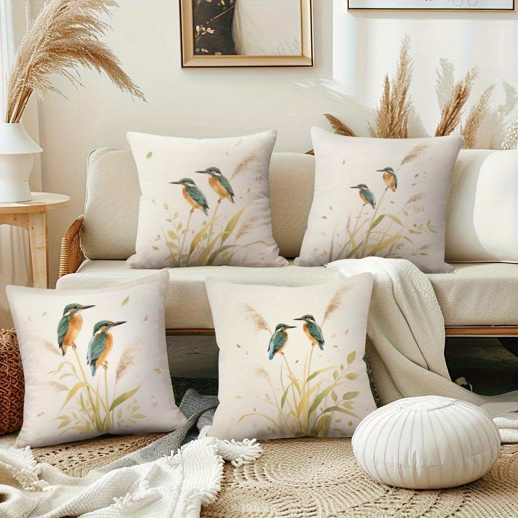Watercolor Kingfisher & Reed Pillowcase: Serene Natural-Themed Cushion Cover for Soft Modern Home Sofa Decor 4PC-45x45cm