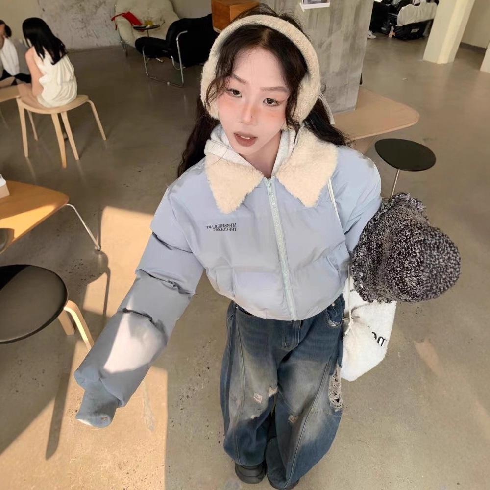 American retro lapel lamb down fur collar down cotton clothes women's new winter warm short cotton clothes