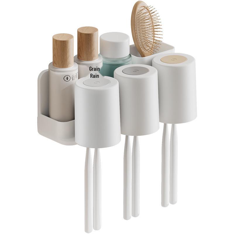 Wall-Mounted Toothbrush & Toothpaste Holder with Mouthwash Cup, Punch-Free