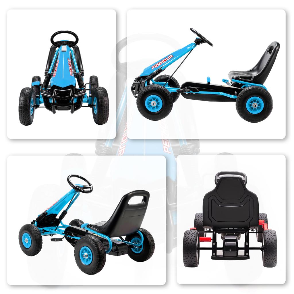 Go-kart a pedali per bambini con sedile regolabile, pneumatici in EVA, frizione manuale, freno, Go-kart per bambini 3-8 anni, Blu