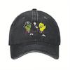 Vintage Qotsa Snake Baseball Cap - Unisex Distressed Washed Black Denim Sun Hat with Fun Cartoon Desig