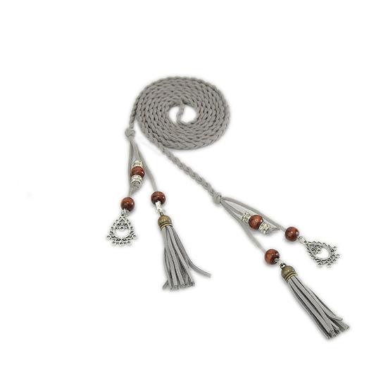 

Женский плетеный пояс-веревка с кисточками из бусин, тонкий, узкий, для талии, самозавязывающийся, пояс для платья серый