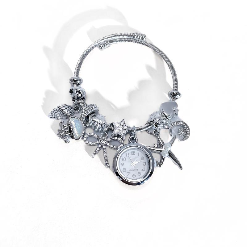 Ocean-Themed Multi-Pendant Bracelet With Watch Fashionable And Suitable For Commuting Stainless Steel Handmade Beaded Bangle
