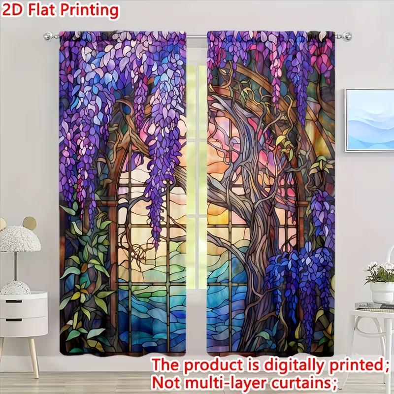 

2pcs Wisteria Stained Glass Patterned Curtains, Design for Living Room Bedroom Garden-themed Home Window Decoration, Rod Pocket 53x116CM-2PC