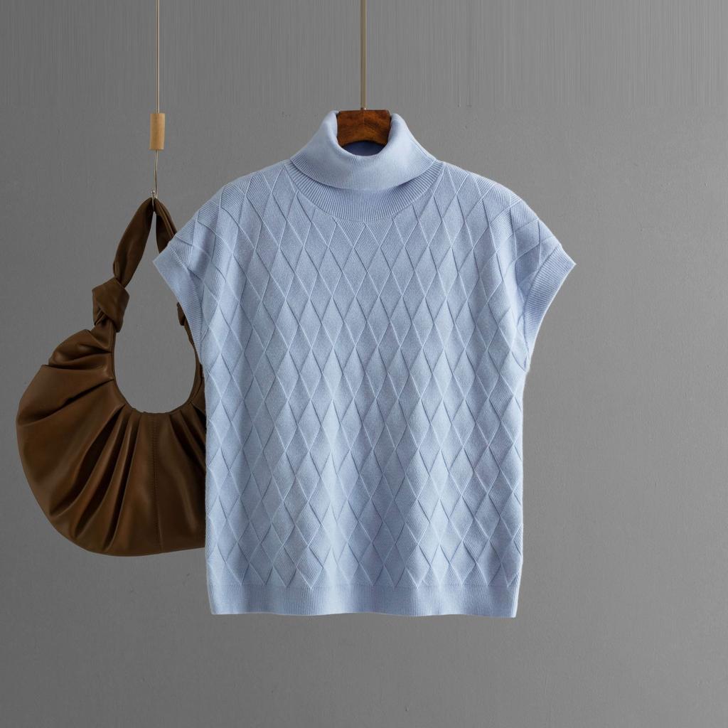 Maglione Autunnale a Collo Alto Senza Maniche Lavorato a Maglia a Scacchi, Top da Donna Largo Casual alla Moda, Camicia Base