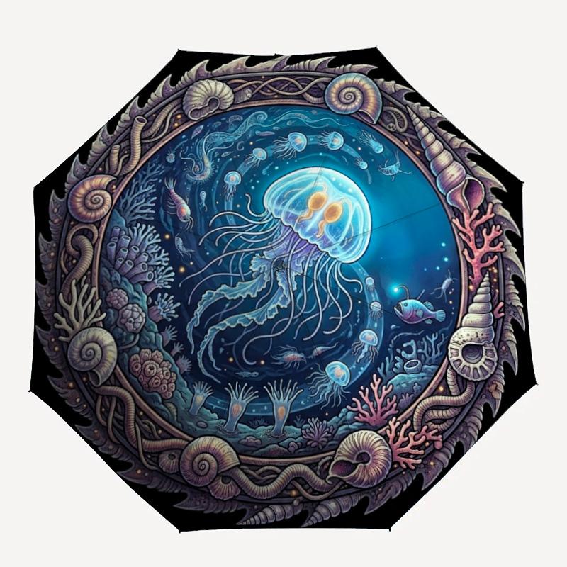 Oceanic Fantasy Circle Pattern Umbrella, Portable and Foldable Design, 8 Ribs, a Casual Accessory for Halloween, Christmas, and Birthday Gifts.