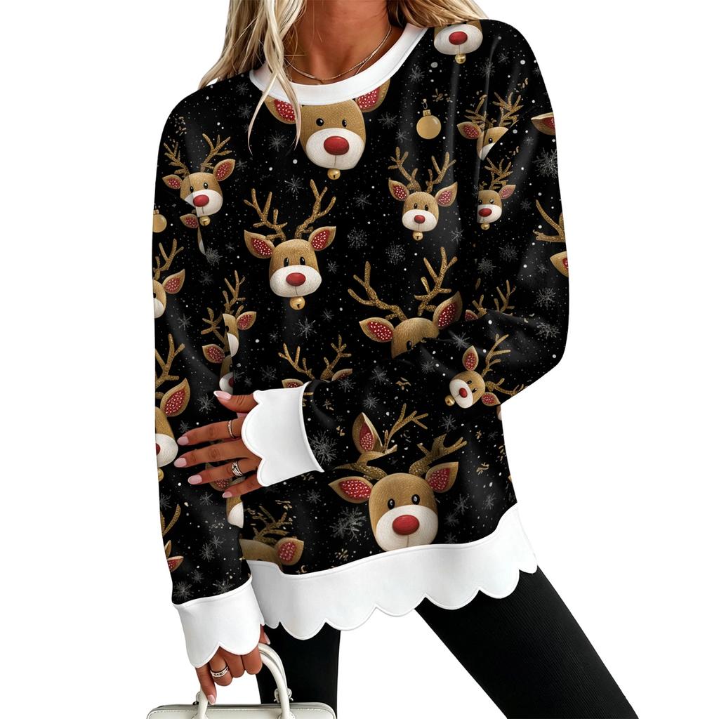 Women's Christmas Print Crewneck Sweatshirt with Scalloped Wavy Hem Casual Holiday Top