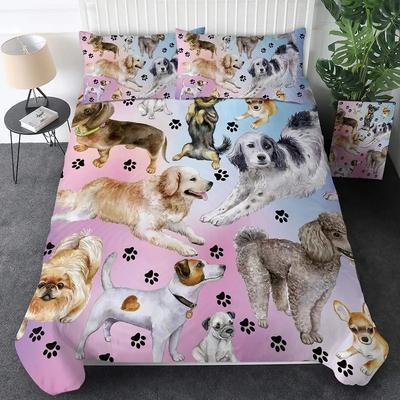 Lindo Juego de Cama con Estampado de Perros Juego de Funda Nórdica de Cachorro Animal Funda de Colcha con Huella de Perro Acuarela Pastel Juego de Cama para Amantes de Perros Pug