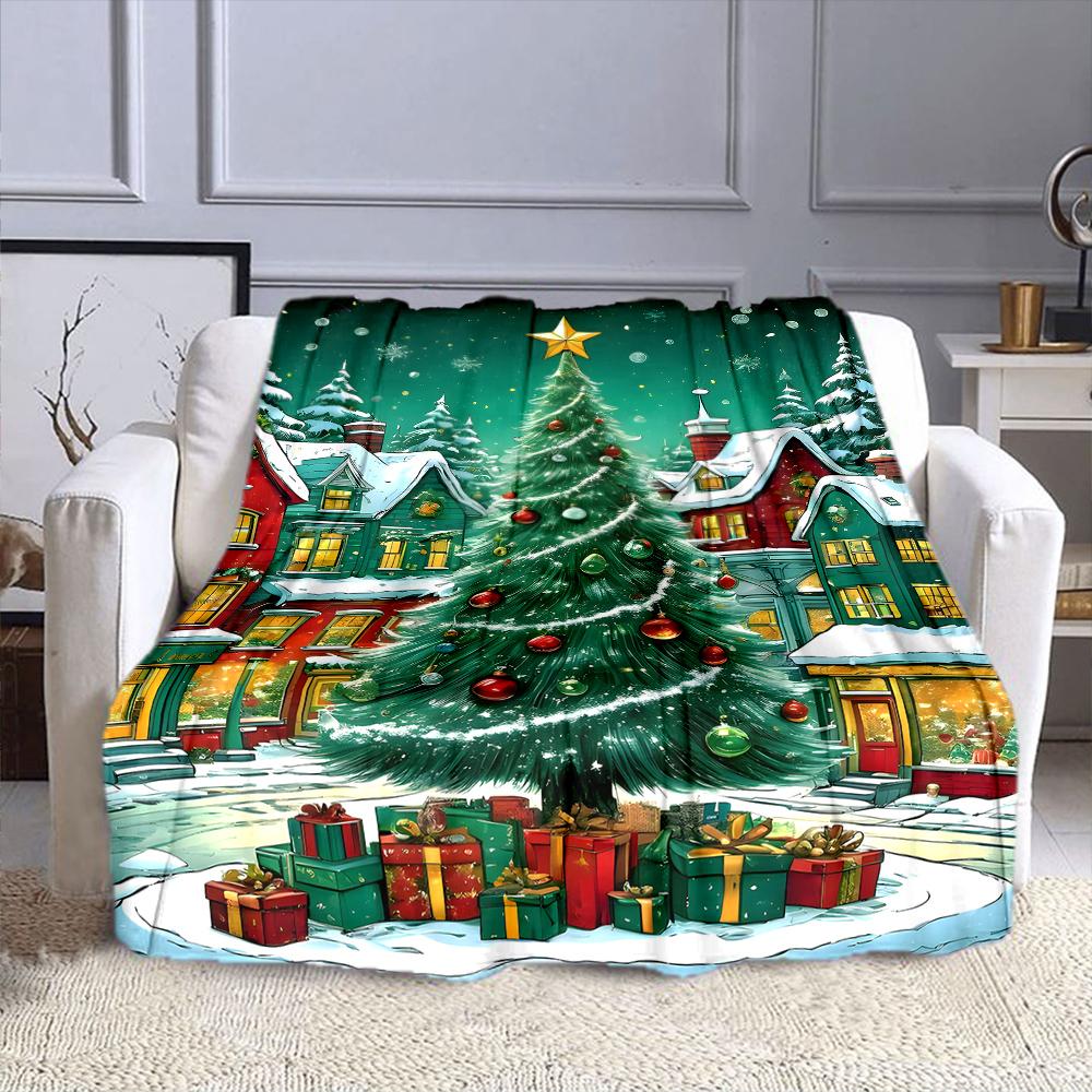 Christmas Tree In Snowy Village Scene Patterned Flannel Blanket Perfect for the Bedroom Living Room, Sofa, or a Little Nap