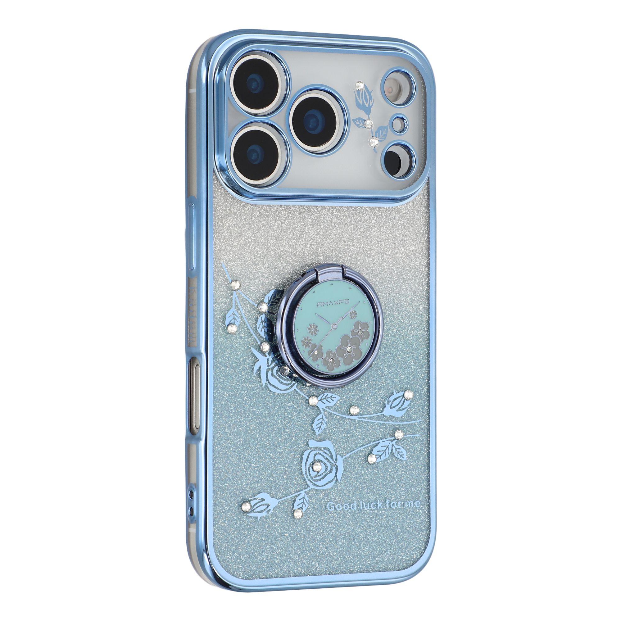 

KADEM For iPhone 17 Pro Max Case Ring Kickstand TPU Flowers Phone Cover Gradient Glitter Blue