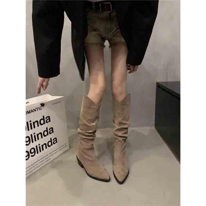 Moteriški aukštakulniai smailianosiai zomšiniai batai su aksominiu pamušalu, 2024 m. rudens/žiemos kolekcija - ilgo riterio stiliaus