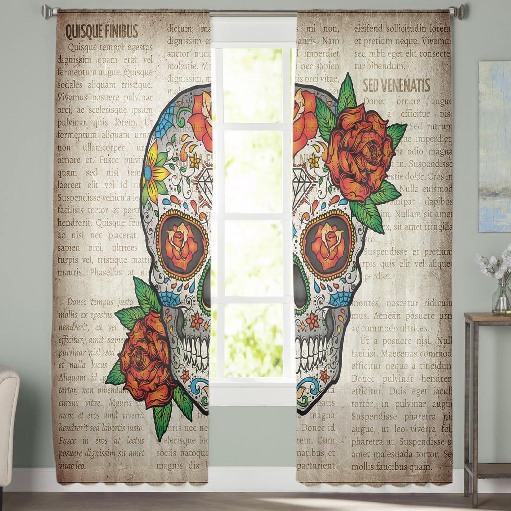 Retro Mexikanischer Schädel Schick Vorhang Für Wohnzimmer Transparente Tüllvorhänge Fenster Sheer Für Das Schlafzimmer Zubehör Dekor