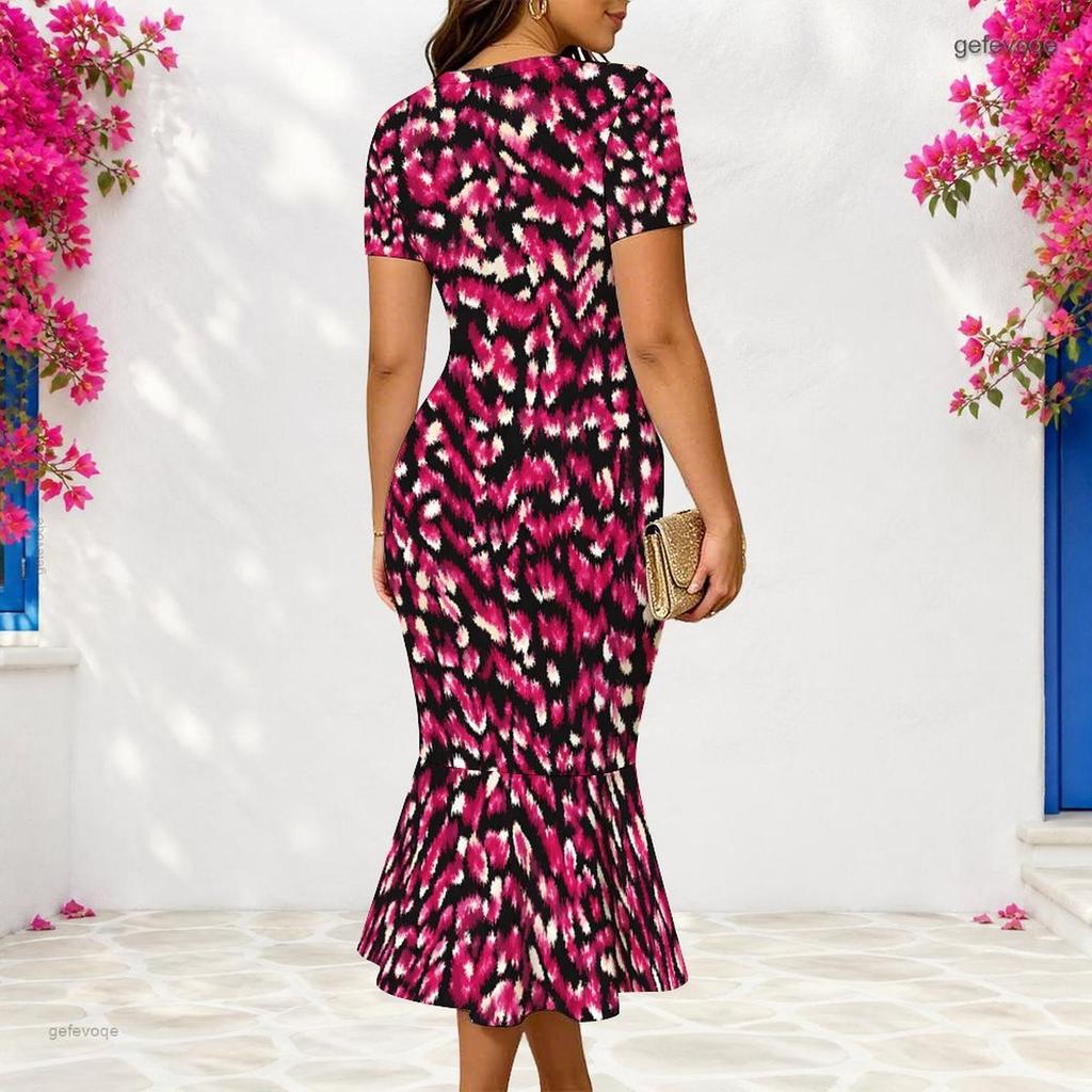Women Plus Size V Neck Short Sleeve Printed Fitted Fishtail Dress