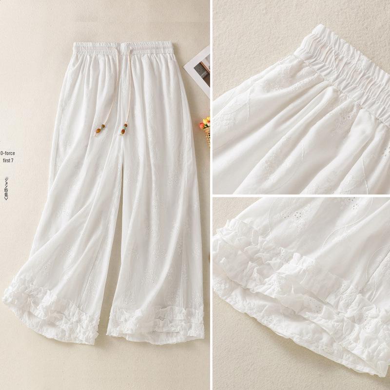 White Hollow Lace Embroidery Wide-Leg Pants with Drawstring - Women's Loose Fit