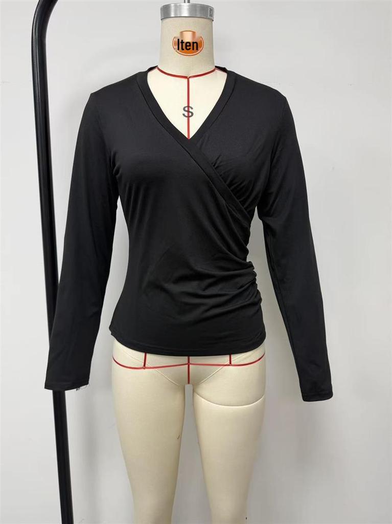 2026 Autumn Women's Cross V-neck Pleated Long Sleeve Casual T-shirt