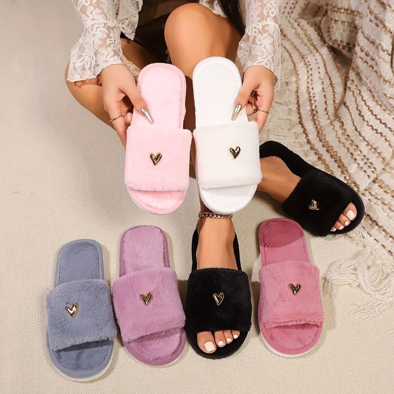New high-end fashion love-decorated plush slippers for women with open toes, suitable for bedroom, living room, home, suitable for all seasons