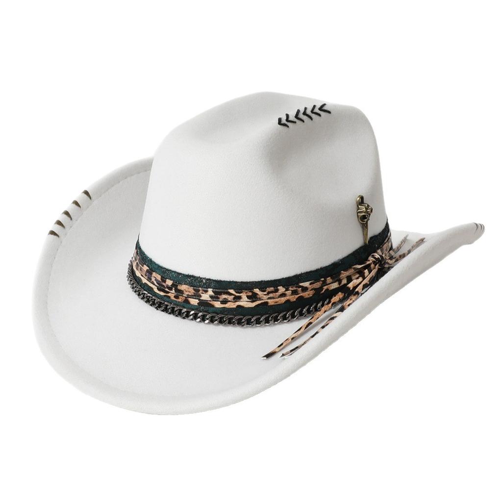 Popular women's flat-top woolen hat, western cowboy hat with hand-embroidered skull and metal decoration, versatile
