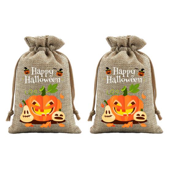 Handmade Style Party Bags 2Pcs Halloween Pumpkin Drawstring for Candy Treats, Retro Burlap Festival Totes Trick or Treat Bags, Portable Goodie