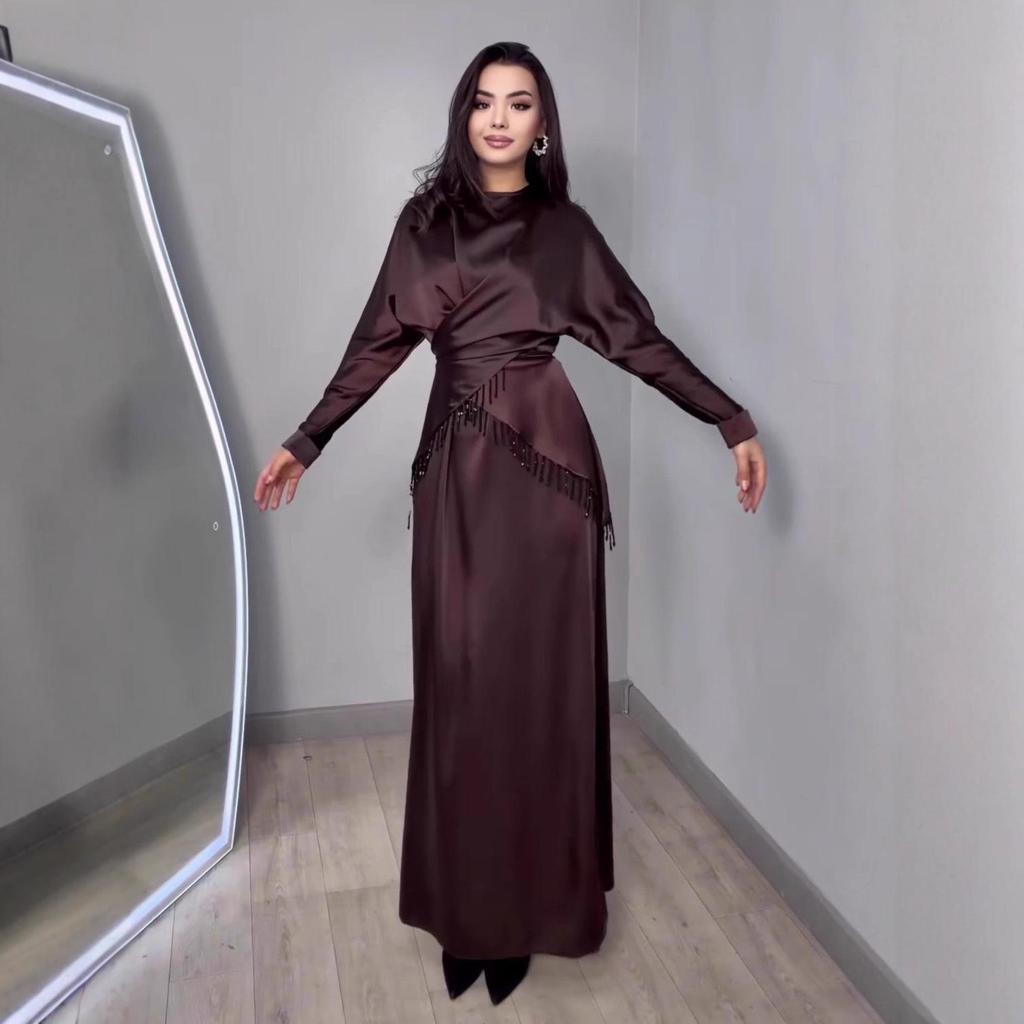 2025 Autumn Women's Satin Two-Piece Dress with Beading, Round Neck & Waist-Cinching Long Sleeves