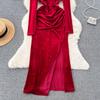 Elegant Square Neck Velvet Split Dress Women Solid Long Sleeve Chic Vintage Clothes Female Korean Fashion Ceremonial Midi Dresses 2024