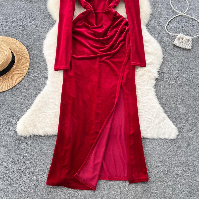 Elegant Square Neck Velvet Split Dress Women Solid Long Sleeve Chic Vintage Clothes Female Korean Fashion Ceremonial Midi Dresses 2024