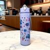 750ml Cute Cartoon Pattern Water Bottle, Large Capacity Portable Leak-Proof Tumbler with Carry Strap and Straw for Sporting