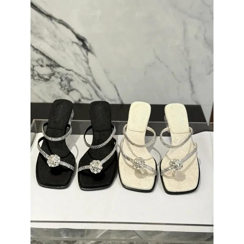 2025 Fashion summer women's sandals outdoor crystal open-toe shoes thick heel elegant and comfortable slippers beach flip-flops