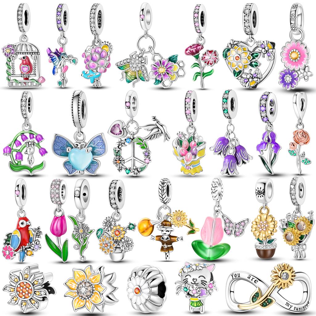 Kupferbeschichtete Blumen Charms Perlen Anhänger Sonnenblume Schmetterling Hängend Passend für Original Armband Cz Pavé Schmuckherstellung