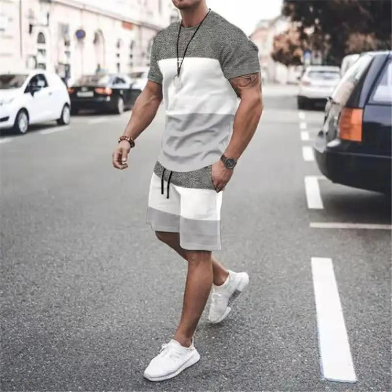Men's Summer Casual T-Shirt Set Striped 3D Printed T-Shirt Short Sleeve Shorts 2 Piece Oversized Casual Beach Sports Suit