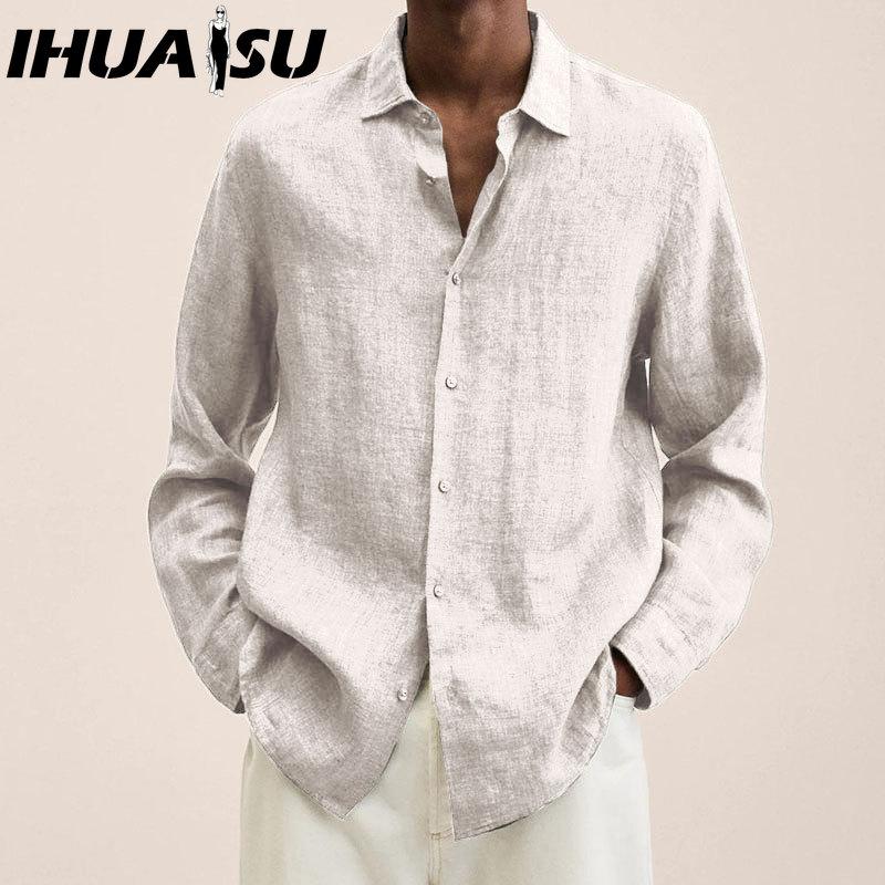 

IHUASU Autumn Long Sleeve V-neck Loose Button Cotton Linen Shirt Shirt for Men T-shirt XXL фіолетовий