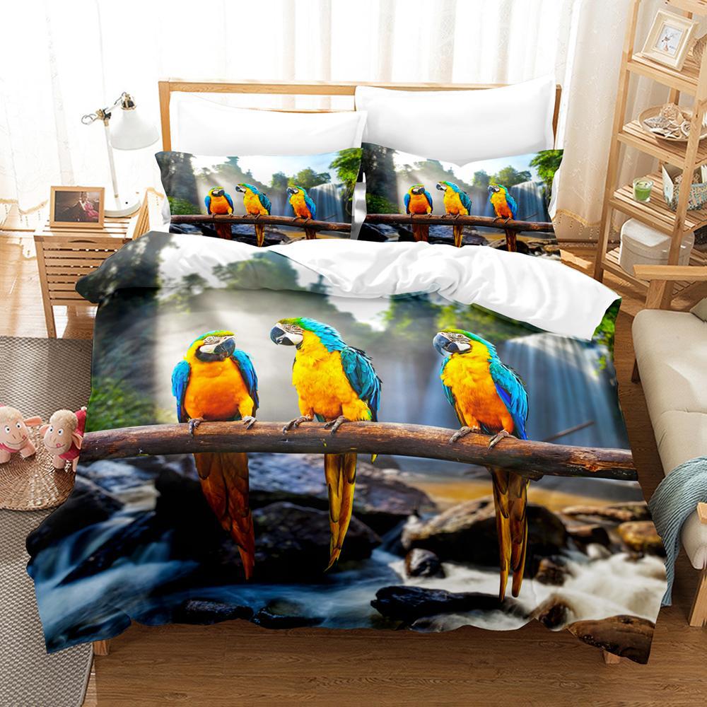 3D Digitaldruck Schleifbettwäsche Vierteiliges Set Dreiteiliges Set Papagei Spannbettlaken Bettbezug Kissen