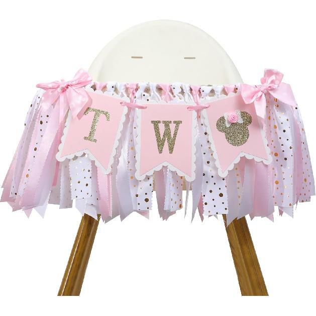 Mouse 2nd Highchair Banner - 2nd Birthday Party Decorations,Pink Gold Two High Chair Ribbon Banner,Mouse pired Party Supplies,Sweet Girl Second
