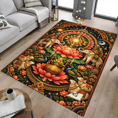 1PC Lotus Elephant Non-Slip Floor Carpet Compatible for Office&Living Room&Bedroom&Dining Room - Flat - Weave Machine-S0350