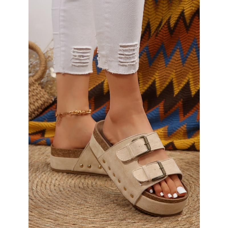 New Spring Summer Women's Plus Size Chunky Sole Birkenstock Style Rivet Metal Buckle Strap Beach Slide Sandals