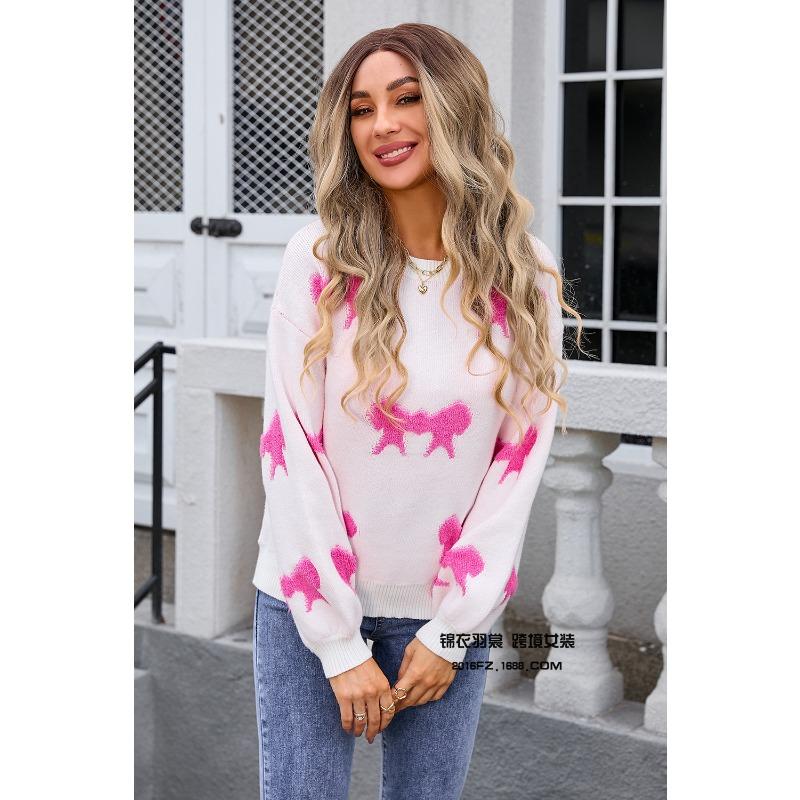 

2025 Fashion Round Neck Bow Tie Printed Knitted Office Pullover Sweater Winter Sweet Long Sleeve Loose Office Casual Tops Elegant New Women s Clothing One size розы красного