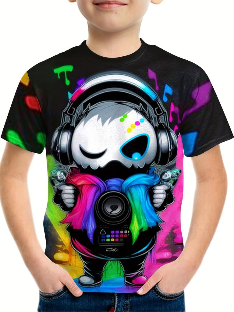 Colorful Dinosaur Graphic T-shirt for Boys - 3D Digital Print, Active and Stretchy Short Sleeve Tee for Summer Outdoor Fun