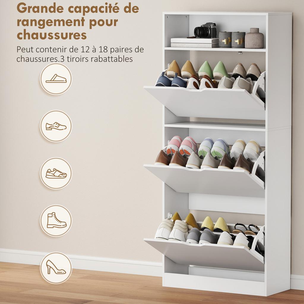 Shoe Cabinet 18 Pairs Narrow Shoe Cabinet 3 Flip Drawers Adjustable Shelves White