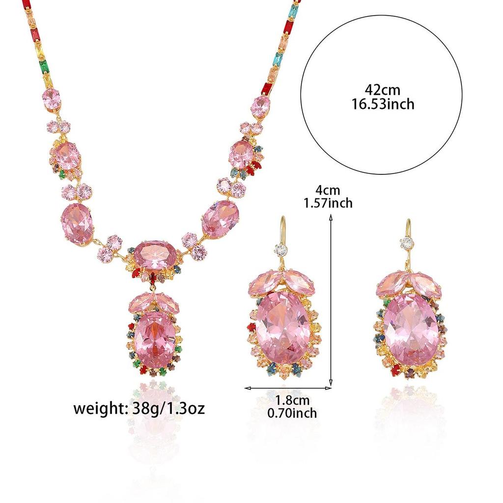 European & American Style Zircon Pink Flower Necklace & Earrings Set