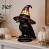 Vintage Carved Base Nightstand Lamp Black Cat Witch Hat Table Lamp, with Dreamy Purple Light, Gothic Retro Halloween Ornament, for Bedroom Bedside