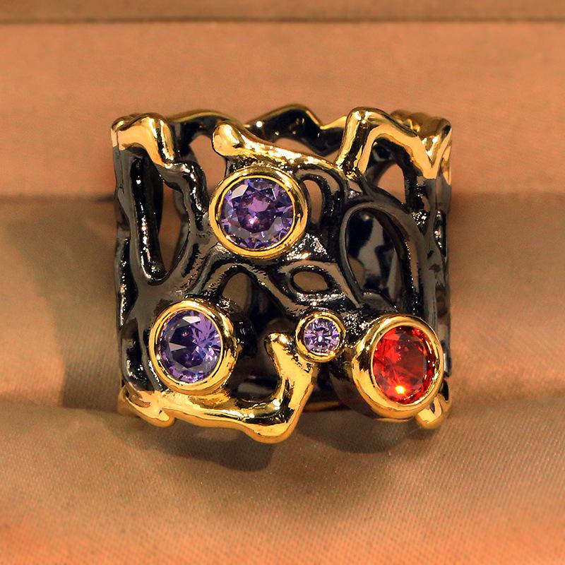 High Quality Black Gold-plated Color Stone Hollow Colorful Separation Ring for Women Wedding Party Engagement Ring