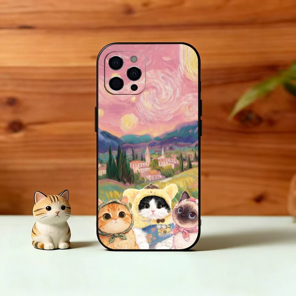 Pink Oil Painting Style Cat Phone Case For iPhone 17, 16,15,14,13,12,11 Plus,Pro Max, Others Soft Black Cover