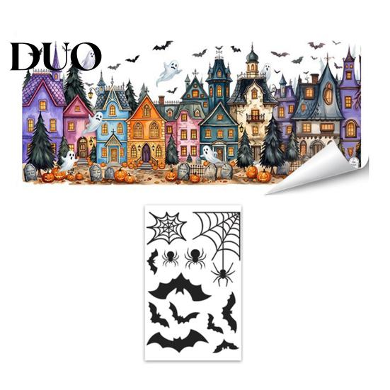 Waterproof Holiday Window Film Halloween Clings, Pumpkins Skeletons Ghosts And Bats Print Decorative Indoor Outdoor Glass Ornaments