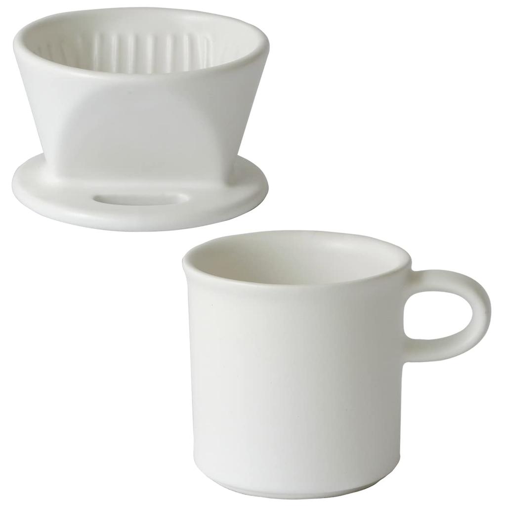 Kamoshika Douguten Ceramic Coffee Dripper and Mug Set for One Person, Banko Ware, Made in Japan (White)