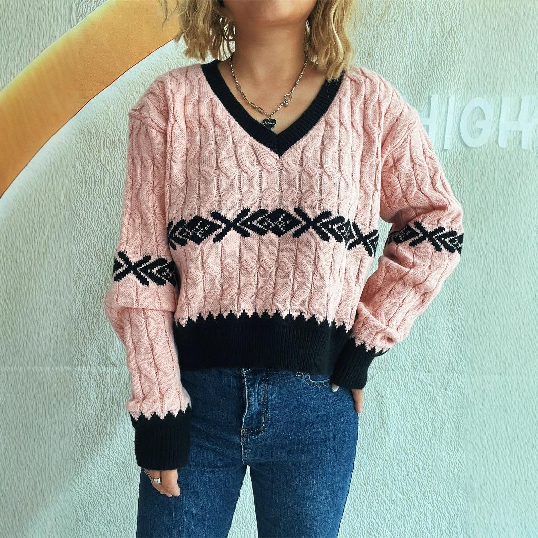 Sueter Mujer 2025 Korean Retro Color Blocked Women s Sweater V-neck Long Sleeved Knitted Top Short Casual Pullover CR4390 S 2980₽