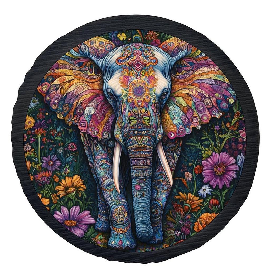 Single Colorful Elephant In Bloom Design Tire Cover, Stylish Universal Wheel Protection Cover, Fits Most Car Wheels