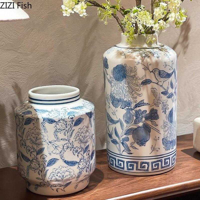 Neoclassical Blue and White Porcelain Vase Table Decoration Floral Print Texture Flowers Arrangement Vases Room Aesthetic Decor